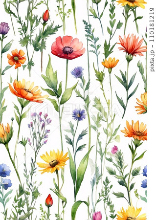 watercolor painting of a field of wildflowers on a rough, textured canvas. 110181219