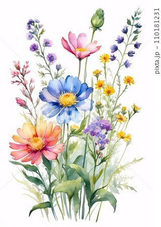 watercolor painting of a field of wildflowers on a rough, textured canvas. 110181231