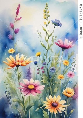 watercolor painting of a field of wildflowers on a rough, textured canvas. watercolor painting of a field of wildflowers on a rough, textured canvas. 110181236