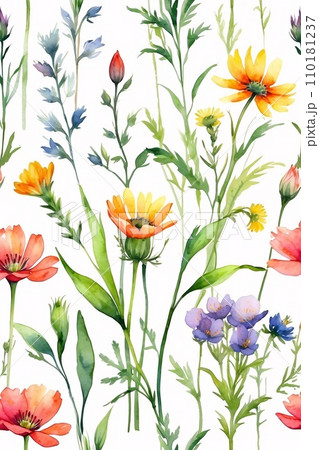 watercolor painting of a field of wildflowers on a rough, textured canvas. watercolor painting of a field of wildflowers on a rough, textured canvas. 110181237