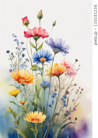 watercolor painting of a field of wildflowers on a rough, textured canvas. watercolor painting of a field of wildflowers on a rough, textured canvas. 110181238