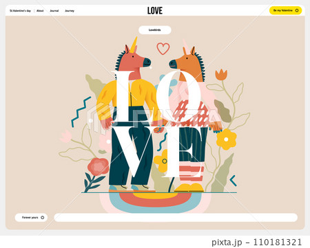Valentine: Playful Connection - modern flat vector concept illustration of a couple in unicorn costumes holding hands. Metaphor of love, whimsical and imaginative side of romance Valentine: Playful Connection - modern flat vector concept illustration of a couple in unicorn costumes holding hands. Metaphor of love, whimsical and imaginative side of romance 110181321