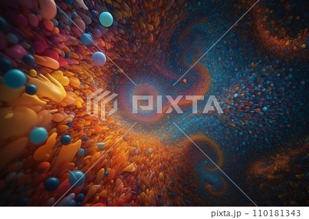 Abstract image of a magnificent array of miniature, iridescent particles, delicately arranged to form a mesmerizing pattern of kaleidoscopic colors. Vivid chromatic nanotechnology background. Abstract image of a magnificent array of miniature, iridescent particles, delicately arranged to form a mesmerizing pattern of kaleidoscopic colors. Vivid chromatic nanotechnology background. 110181343
