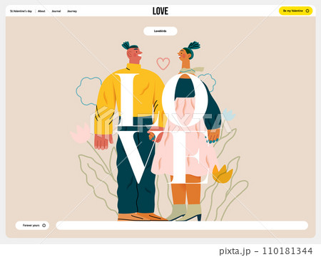 Valentine: Tender Moments -modern flat vector concept illustration of a couple in loving gaze, looking to each other holding hands. Metaphor of blossoming love, unity, affection, connection, growth Valentine: Tender Moments -modern flat vector concept illustration of a couple in loving gaze, looking to each other holding hands. Metaphor of blossoming love, unity, affection, connection, growth 110181344