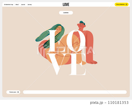 Valentine: Embraced in Harmony - modern flat vector concept illustration of a naked couple intertwined in a serene, floral environment. Metaphor of unity, affection, love, connection, growth 110181353
