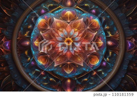 Abstract image of a magnificent array of miniature, iridescent particles, delicately arranged to form a mesmerizing pattern of kaleidoscopic colors. Vivid chromatic nanotechnology background. Abstract image of a magnificent array of miniature, iridescent particles, delicately arranged to form a mesmerizing pattern of kaleidoscopic colors. Vivid chromatic nanotechnology background. 110181359