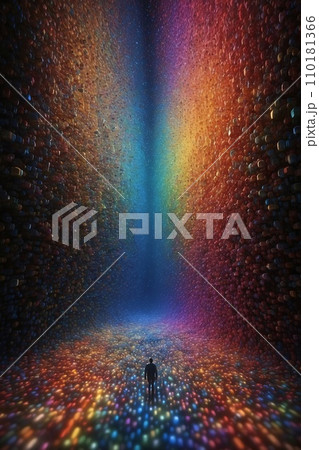 Abstract image of a magnificent array of miniature, iridescent particles, delicately arranged to form a mesmerizing pattern of kaleidoscopic colors. Vivid chromatic nanotechnology background. Abstract image of a magnificent array of miniature, iridescent particles, delicately arranged to form a mesmerizing pattern of kaleidoscopic colors. Vivid chromatic nanotechnology background. 110181366