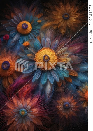 Abstract image of a magnificent array of miniature, iridescent particles, delicately arranged to form a mesmerizing pattern of kaleidoscopic colors. Vivid chromatic nanotechnology background. Abstract image of a magnificent array of miniature, iridescent particles, delicately arranged to form a mesmerizing pattern of kaleidoscopic colors. Vivid chromatic nanotechnology background. 110181378