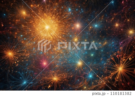 Abstract image of a magnificent array of miniature, iridescent particles, delicately arranged to form a mesmerizing pattern of kaleidoscopic colors. Vivid chromatic nanotechnology background. 110181382
