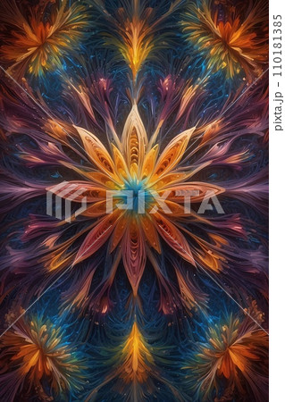 Abstract image of a magnificent array of miniature, iridescent particles, delicately arranged to form a mesmerizing pattern of kaleidoscopic colors. Vivid chromatic nanotechnology background. Abstract image of a magnificent array of miniature, iridescent particles, delicately arranged to form a mesmerizing pattern of kaleidoscopic colors. Vivid chromatic nanotechnology background. 110181385