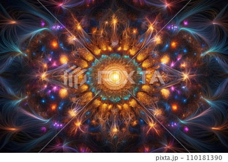 Abstract image of a magnificent array of miniature, iridescent particles, delicately arranged to form a mesmerizing pattern of kaleidoscopic colors. Vivid chromatic nanotechnology background. 110181390