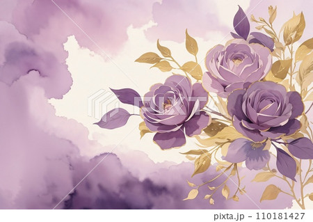 Purple and gold background for a menu with a minimalist and vintage style with ample blank space for text and descriptions. Watercolor style. Background for party, birthday, wedding or graduation. 110181427