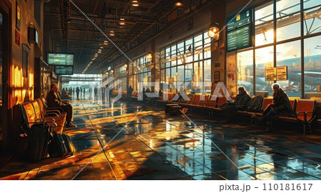 Journey Pause Sunset Glow in Airport Reflections 110181617
