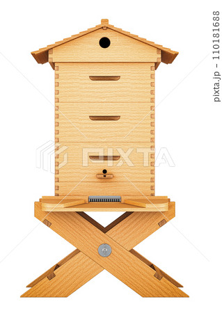Wooden beehive with stand. Frame Bee Hive, front view. 3D rendering Wooden beehive with stand. Frame Bee Hive, front view. 3D rendering 110181688