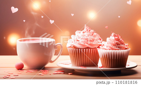 AI-generated content. A mug of hot coffee, a sweet airy cake with cream, decorated with hearts for Valentine's Day. Romantic breakfast 110181816