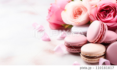 AI-generated content. Sweet macaroons for Valentine's Day, Mother's Day. Romantic breakfast with dessert on light background, copy space AI-generated content. Sweet macaroons for Valentine's Day, Mother's Day. Romantic breakfast with dessert on light background, copy space 110181817