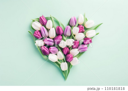 AI-generated content. Beautiful pink white tulips laid out in heart shape, pastel green background. Postcard template Women's Day, Nurse's Day AI-generated content. Beautiful pink white tulips laid out in heart shape, pastel green background. Postcard template Women's Day, Nurse's Day 110181818