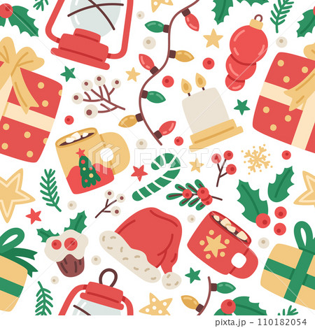 Christmas holiday elements seamless pattern. Winter holidays decorative gifts boxes, fir tree toys and hot drink cups vector background illustration. Xmas and New Year festive pattern 110182054