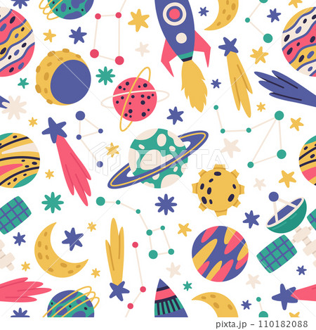 Doodle space cosmic seamless pattern. Space bodies, hand drawn planets, spaceship and stars cartoon vector illustration set. Galaxy cosmic pattern Doodle space cosmic seamless pattern. Space bodies, hand drawn planets, spaceship and stars cartoon vector illustration set. Galaxy cosmic pattern 110182088