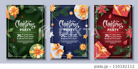 Set of festive Christmas party invitation templates. Flyer, poster with gift box, fir branch, stars, holly, poinsettia. Merry Christmas and Happy New Year 110182112