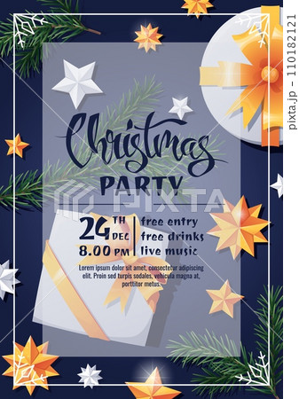 Christmas party invitation template design. Flyer, poster with gift box, fir branch and stars. Merry Christmas and Happy New Year 110182121