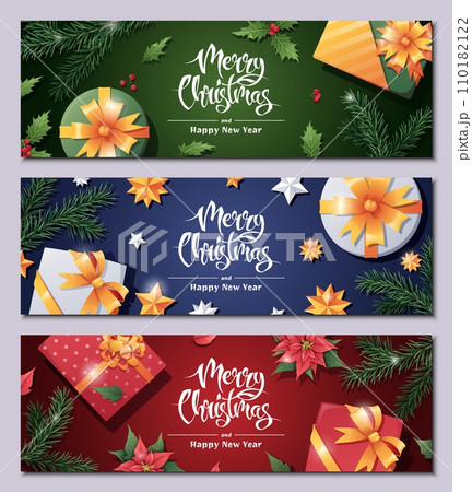 Set of Horizontal banner with Christmas greetings. Flyer, poster with gift box, fir branch, stars, holly, poinsettia. Merry Christmas and Happy New Year. 110182122
