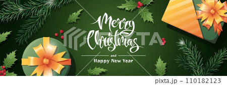 Horizontal banner with Christmas greetings. Flyer, poster with gift box, fir branch and holly. Merry Christmas and Happy New Year 110182123