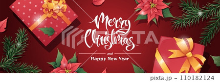 Horizontal banner with Christmas greetings. Flyer, poster with gift box, fir branch and poinsettia. Merry Christmas and Happy New Year 110182124