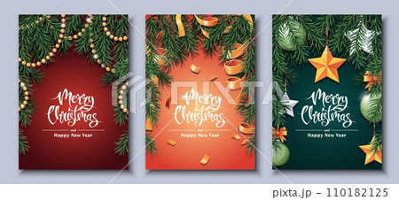 Merry Christmas Holiday cards, flyers and invitations. Festive background with fir branches, decorated with garland, New Year's toys, serpentine and confetti. Merry Christmas and New Year 110182125