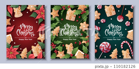 Merry Christmas Holiday cards, flyers and invitations. Festive background with holly, berries, poinsettia decorated with gingerbread. Merry Christmas and New Year 110182126