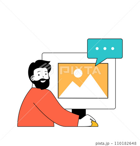 Social media concept with cartoon people in flat design for web. Man posting new photo in online blog and getting comments and likes. Vector illustration for social media banner, marketing material. Social media concept with cartoon people in flat design for web. Man posting new photo in online blog and getting comments and likes. Vector illustration for social media banner, marketing material. 110182648