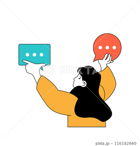 Social media concept with cartoon people in flat design for web. Woman getting new messages, replying comments and chatting online. Vector illustration for social media banner, marketing material. 110182660