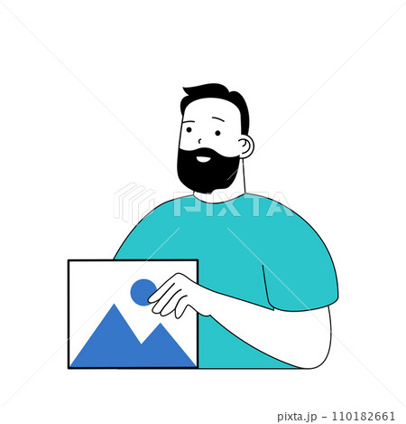 Social media concept with cartoon people in flat design for web. Man posts new picture or photo in blog, sharing digital content. Vector illustration for social media banner, marketing material. 110182661