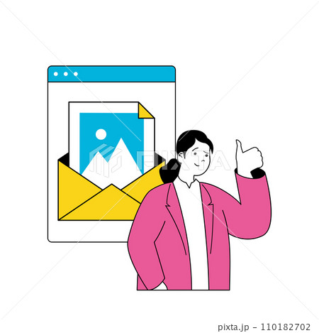 Design development concept with cartoon people in flat design for web. Woman creating visualization with digital image, makes layout. Vector illustration for social media banner, marketing material. 110182702
