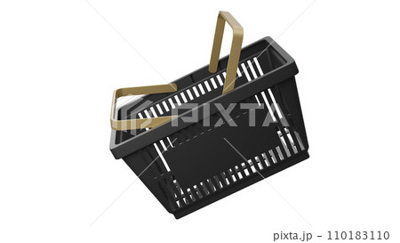 Plastic bag shopping basket with gold handles. Isolated supermarket shopping cart. 110183110
