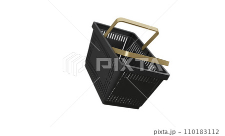 Plastic bag shopping basket with gold handles. Isolated supermarket shopping cart. 110183112