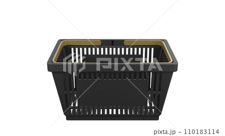 Plastic bag shopping basket with gold handles. Isolated supermarket shopping cart. 110183114