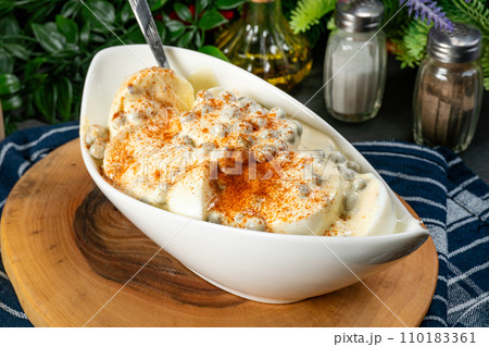 Boiled halvese egg with mayonnaise. Boiled halvese egg with mayonnaise. 110183361