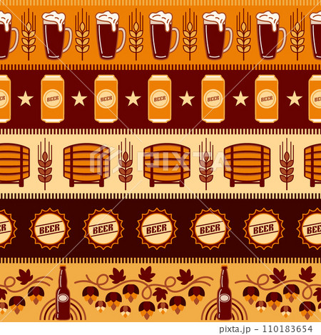 Seamless pattern with scattered beer bottle caps, abstract geometric shapes on white background. Good for branding, decoration of beer package, cover design, decorative print. Simple bauhaus style 110183654