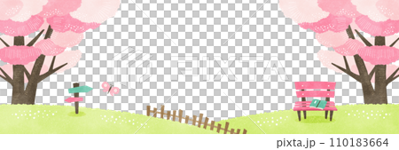 Spring park and cherry blossom background frame relaxing on bench watercolor landscape illustration Spring park and cherry blossom background frame relaxing on bench watercolor landscape illustration 110183664