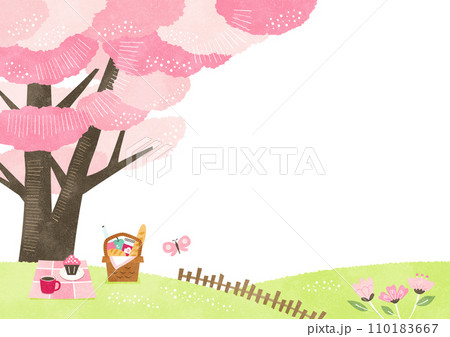 桜とお花見の背景フレーム 春のピクニックの水彩風景イラストの