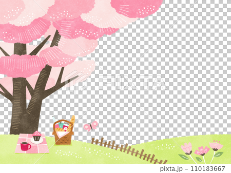 Cherry blossom and cherry blossom viewing background frame Spring picnic watercolor landscape illustration 110183667