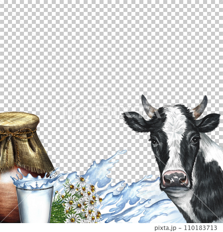 A frame with a cow and dairy products and a splash of milk. A hand-drawn watercolor illustration. For milk advertising banner, packaging of dairy product labels. For posters, prints, business cards. A frame with a cow and dairy products and a splash of milk. A hand-drawn watercolor illustration. For milk advertising banner, packaging of dairy product labels. For posters, prints, business cards. 110183713
