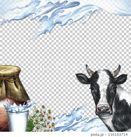 A frame with a cow and dairy products and a splash of milk. A hand-drawn watercolor illustration. For milk advertising banner, packaging of dairy product labels. For posters, prints, business cards. 110183714