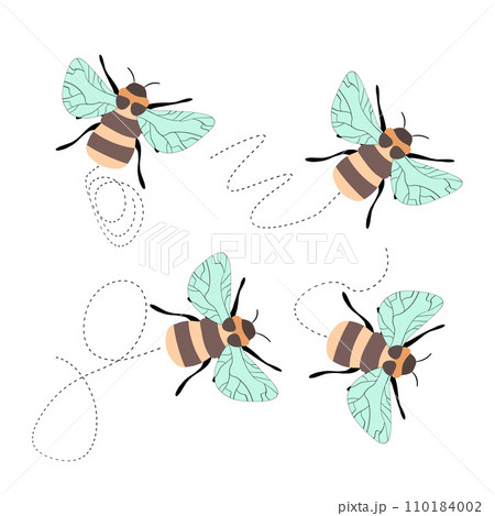 Set of cartoon bee mascot. A small bees flying on a dotted route. Wasp collection. Vector characters. Incest icon. Template design for invitation, cards. Doodle style Set of cartoon bee mascot. A small bees flying on a dotted route. Wasp collection. Vector characters. Incest icon. Template design for invitation, cards. Doodle style 110184002