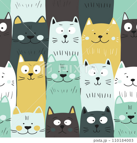 Seamless pattern with cute kitten print. Different scandy cats on color background. Scandinavian style illustration for kids. Vector illustration for fabric, textile, wallpaper, home clothing, pajama 110184003
