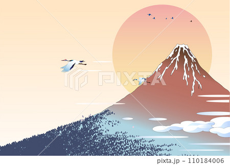 浮世絵風景の赤富士に飛行船が飛ぶ年賀素材 110184006