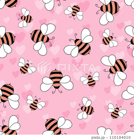 Seamless pattern with bees and hearts on color background. Small wasp. Vector illustration. Adorable cartoon character. Template design for invitation, cards, textile, fabric. Doodle style 110184010