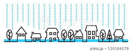 大雨や豪雨災害の自然災害で浸水した街並の建物を横から見た断面イラスト 110184279