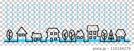 大雨や豪雨災害の自然災害で浸水した街並の建物を横から見た断面イラスト 110184279